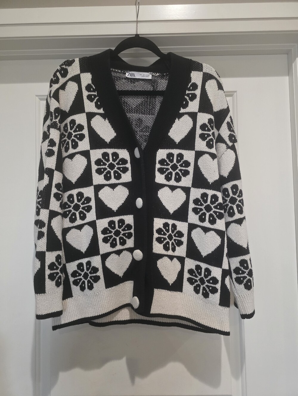 Zara Black and White Checkerboard Heart & Floral Cardigan